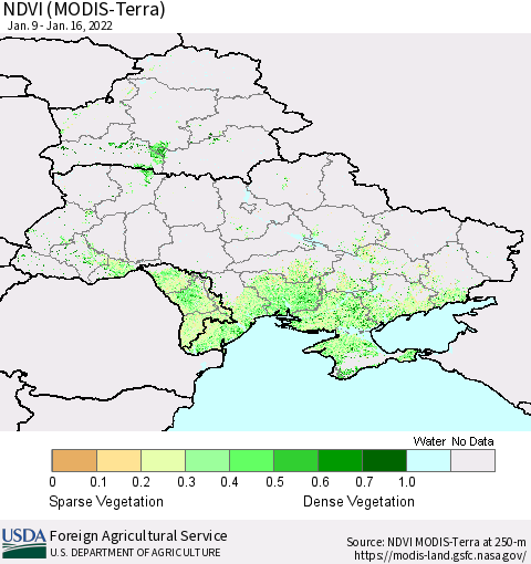 Ukraine, Moldova and Belarus NDVI (Terra-MODIS) Thematic Map For 1/11/2022 - 1/20/2022
