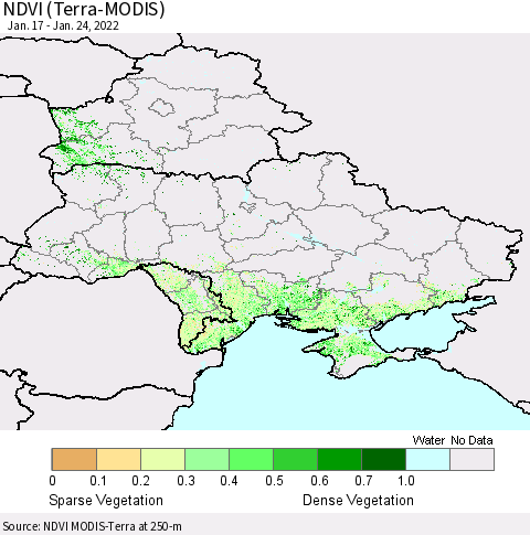 Ukraine, Moldova and Belarus NDVI (Terra-MODIS) Thematic Map For 1/17/2022 - 1/24/2022