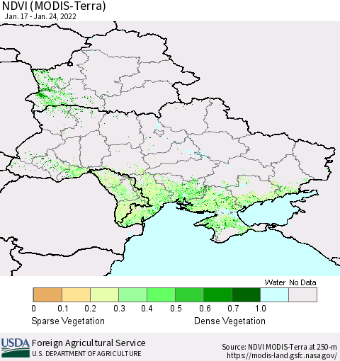 Ukraine, Moldova and Belarus NDVI (Terra-MODIS) Thematic Map For 1/21/2022 - 1/31/2022