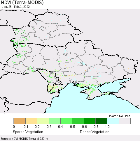 Ukraine, Moldova and Belarus NDVI (Terra-MODIS) Thematic Map For 1/25/2022 - 2/1/2022