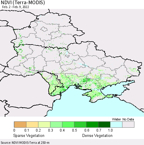 Ukraine, Moldova and Belarus NDVI (Terra-MODIS) Thematic Map For 2/2/2022 - 2/9/2022