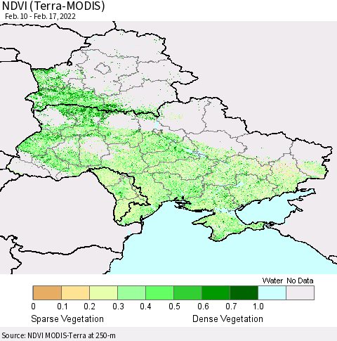 Ukraine, Moldova and Belarus NDVI (Terra-MODIS) Thematic Map For 2/10/2022 - 2/17/2022