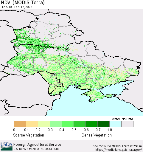 Ukraine, Moldova and Belarus NDVI (Terra-MODIS) Thematic Map For 2/11/2022 - 2/20/2022