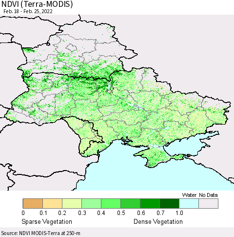 Ukraine, Moldova and Belarus NDVI (Terra-MODIS) Thematic Map For 2/18/2022 - 2/25/2022