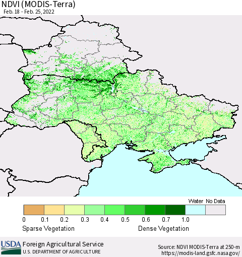 Ukraine, Moldova and Belarus NDVI (Terra-MODIS) Thematic Map For 2/21/2022 - 2/28/2022
