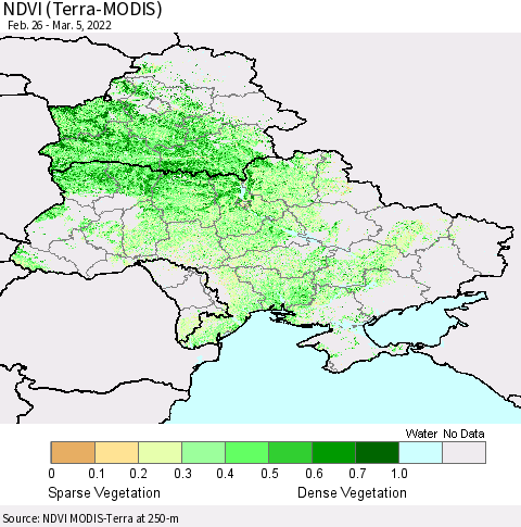 Ukraine, Moldova and Belarus NDVI (Terra-MODIS) Thematic Map For 2/26/2022 - 3/5/2022