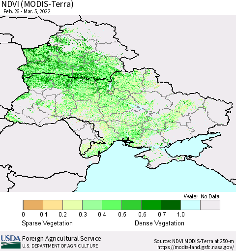 Ukraine, Moldova and Belarus NDVI (Terra-MODIS) Thematic Map For 3/1/2022 - 3/10/2022