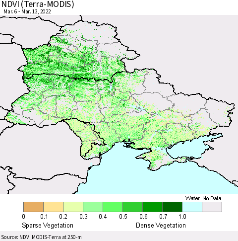 Ukraine, Moldova and Belarus NDVI (Terra-MODIS) Thematic Map For 3/6/2022 - 3/13/2022