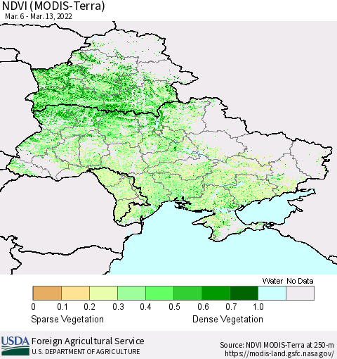 Ukraine, Moldova and Belarus NDVI (Terra-MODIS) Thematic Map For 3/11/2022 - 3/20/2022