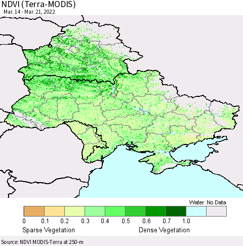 Ukraine, Moldova and Belarus NDVI (Terra-MODIS) Thematic Map For 3/14/2022 - 3/21/2022