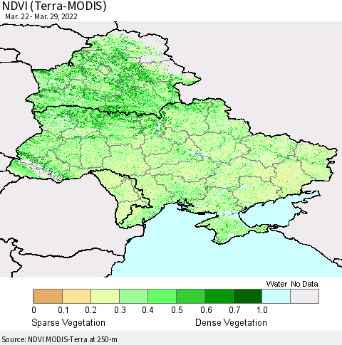 Ukraine, Moldova and Belarus NDVI (Terra-MODIS) Thematic Map For 3/22/2022 - 3/29/2022