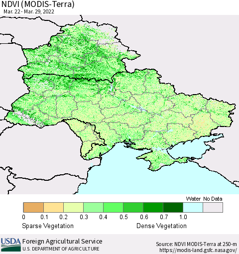 Ukraine, Moldova and Belarus NDVI (Terra-MODIS) Thematic Map For 3/21/2022 - 3/31/2022