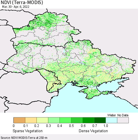 Ukraine, Moldova and Belarus NDVI (Terra-MODIS) Thematic Map For 3/30/2022 - 4/6/2022