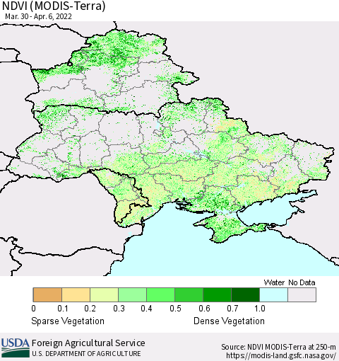 Ukraine, Moldova and Belarus NDVI (Terra-MODIS) Thematic Map For 4/1/2022 - 4/10/2022