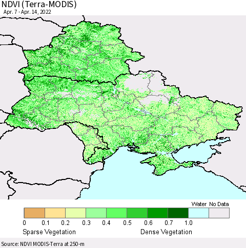 Ukraine, Moldova and Belarus NDVI (Terra-MODIS) Thematic Map For 4/7/2022 - 4/14/2022