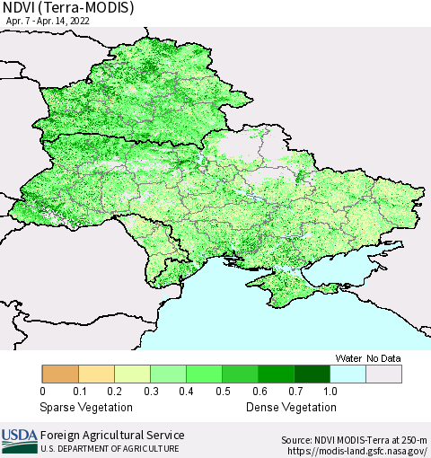 Ukraine, Moldova and Belarus NDVI (Terra-MODIS) Thematic Map For 4/11/2022 - 4/20/2022