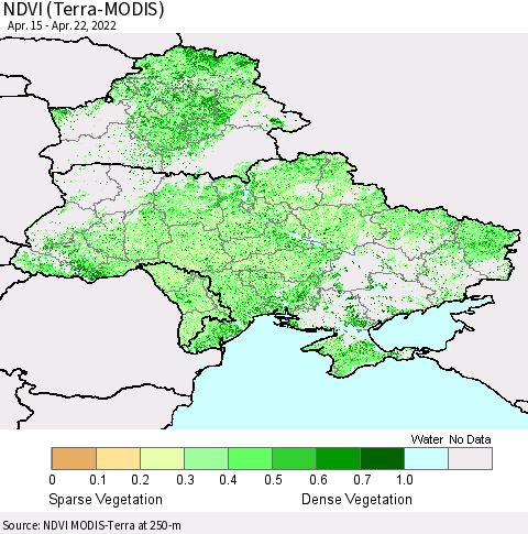 Ukraine, Moldova and Belarus NDVI (Terra-MODIS) Thematic Map For 4/15/2022 - 4/22/2022