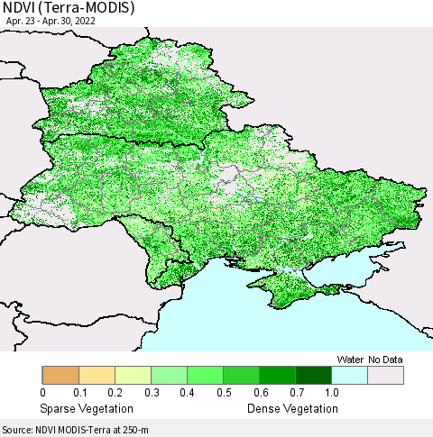 Ukraine, Moldova and Belarus NDVI (Terra-MODIS) Thematic Map For 4/21/2022 - 4/30/2022