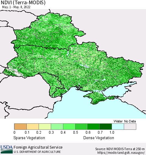 Ukraine, Moldova and Belarus NDVI (Terra-MODIS) Thematic Map For 5/1/2022 - 5/10/2022