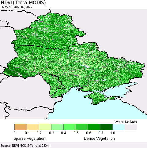 Ukraine, Moldova and Belarus NDVI (Terra-MODIS) Thematic Map For 5/9/2022 - 5/16/2022