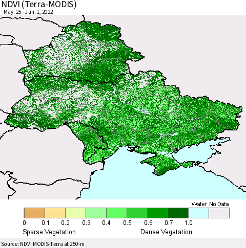 Ukraine, Moldova and Belarus NDVI (Terra-MODIS) Thematic Map For 5/25/2022 - 6/1/2022