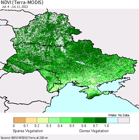 Ukraine, Moldova and Belarus NDVI (Terra-MODIS) Thematic Map For 7/4/2022 - 7/11/2022