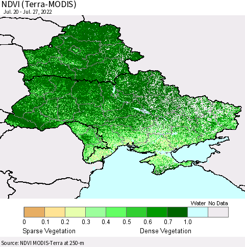 Ukraine, Moldova and Belarus NDVI (Terra-MODIS) Thematic Map For 7/20/2022 - 7/27/2022
