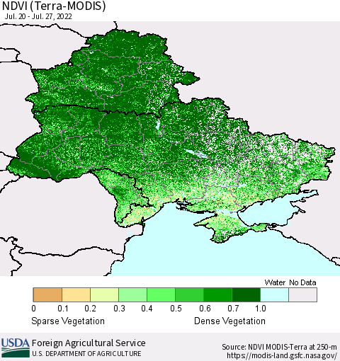 Ukraine, Moldova and Belarus NDVI (Terra-MODIS) Thematic Map For 7/21/2022 - 7/31/2022