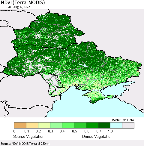 Ukraine, Moldova and Belarus NDVI (Terra-MODIS) Thematic Map For 7/28/2022 - 8/4/2022