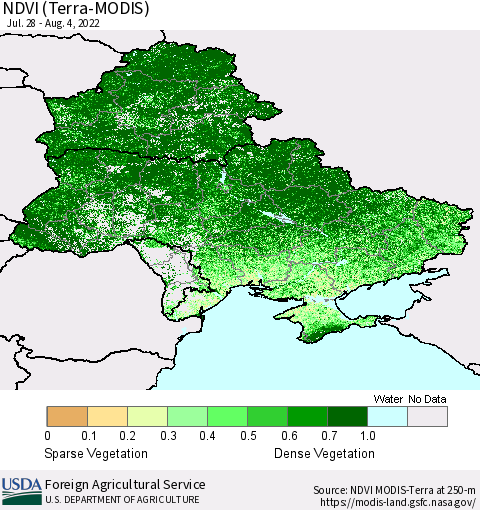Ukraine, Moldova and Belarus NDVI (Terra-MODIS) Thematic Map For 8/1/2022 - 8/10/2022