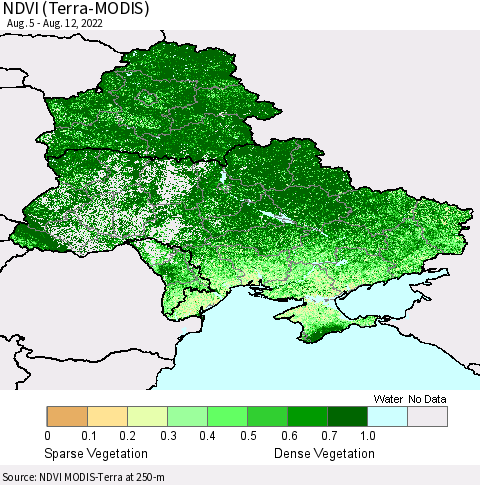Ukraine, Moldova and Belarus NDVI (Terra-MODIS) Thematic Map For 8/5/2022 - 8/12/2022