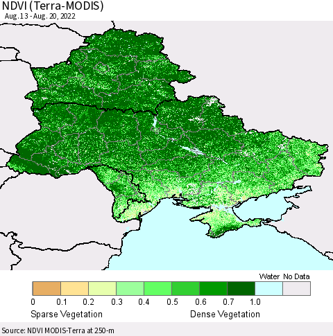 Ukraine, Moldova and Belarus NDVI (Terra-MODIS) Thematic Map For 8/11/2022 - 8/20/2022