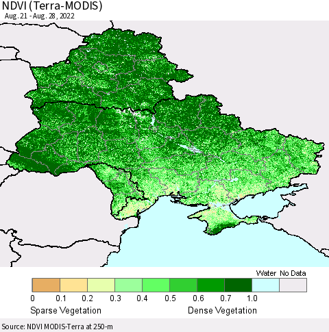 Ukraine, Moldova and Belarus NDVI (Terra-MODIS) Thematic Map For 8/21/2022 - 8/28/2022