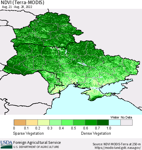 Ukraine, Moldova and Belarus NDVI (Terra-MODIS) Thematic Map For 8/21/2022 - 8/31/2022