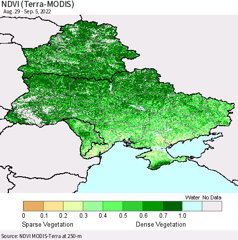 Ukraine, Moldova and Belarus NDVI (Terra-MODIS) Thematic Map For 8/29/2022 - 9/5/2022