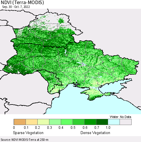 Ukraine, Moldova and Belarus NDVI (Terra-MODIS) Thematic Map For 9/30/2022 - 10/7/2022