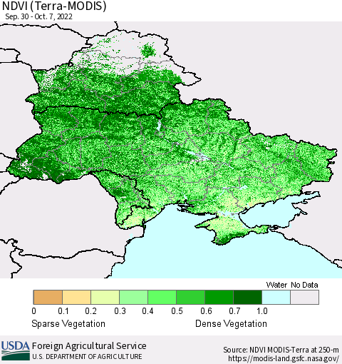 Ukraine, Moldova and Belarus NDVI (Terra-MODIS) Thematic Map For 10/1/2022 - 10/10/2022