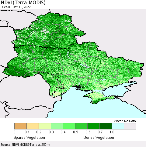 Ukraine, Moldova and Belarus NDVI (Terra-MODIS) Thematic Map For 10/8/2022 - 10/15/2022
