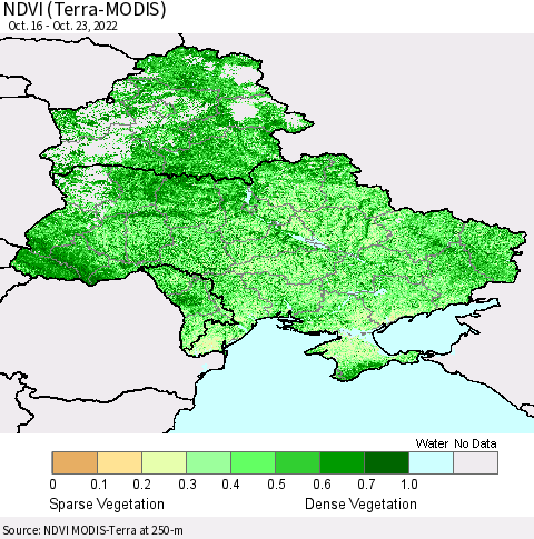 Ukraine, Moldova and Belarus NDVI (Terra-MODIS) Thematic Map For 10/16/2022 - 10/23/2022