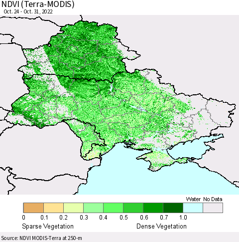 Ukraine, Moldova and Belarus NDVI (Terra-MODIS) Thematic Map For 10/21/2022 - 10/31/2022