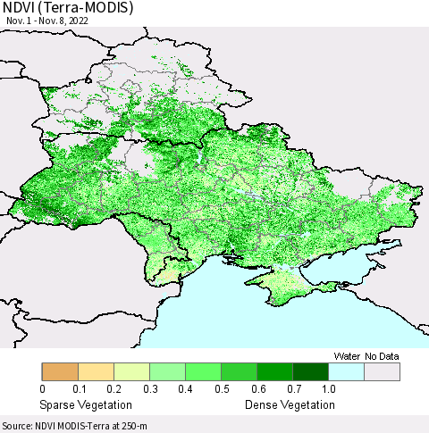 Ukraine, Moldova and Belarus NDVI (Terra-MODIS) Thematic Map For 11/1/2022 - 11/8/2022