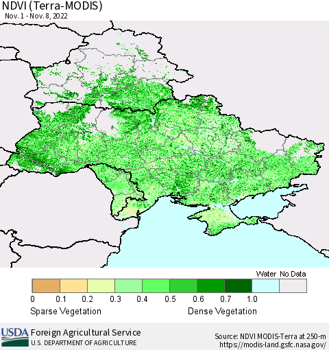 Ukraine, Moldova and Belarus NDVI (Terra-MODIS) Thematic Map For 11/1/2022 - 11/10/2022