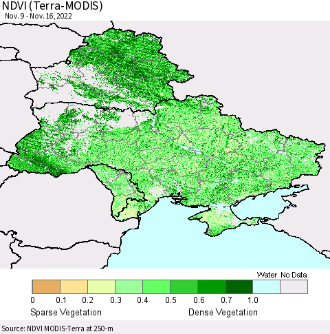 Ukraine, Moldova and Belarus NDVI (Terra-MODIS) Thematic Map For 11/9/2022 - 11/16/2022