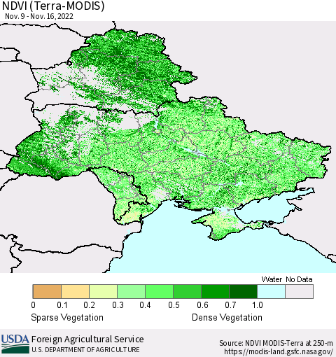 Ukraine, Moldova and Belarus NDVI (Terra-MODIS) Thematic Map For 11/11/2022 - 11/20/2022