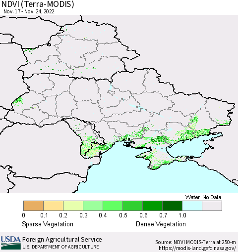 Ukraine, Moldova and Belarus NDVI (Terra-MODIS) Thematic Map For 11/21/2022 - 11/30/2022