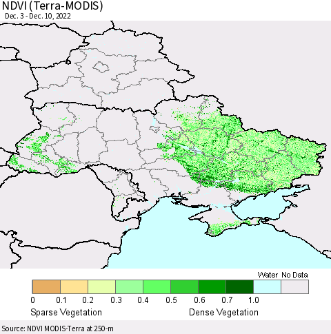 Ukraine, Moldova and Belarus NDVI (Terra-MODIS) Thematic Map For 12/1/2022 - 12/10/2022