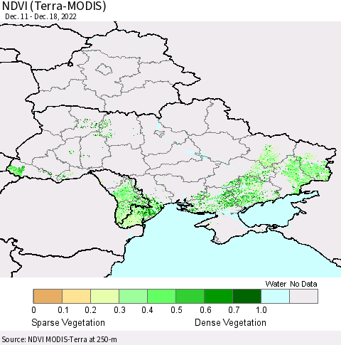 Ukraine, Moldova and Belarus NDVI (Terra-MODIS) Thematic Map For 12/11/2022 - 12/18/2022