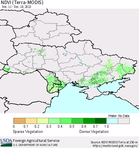 Ukraine, Moldova and Belarus NDVI (Terra-MODIS) Thematic Map For 12/11/2022 - 12/20/2022
