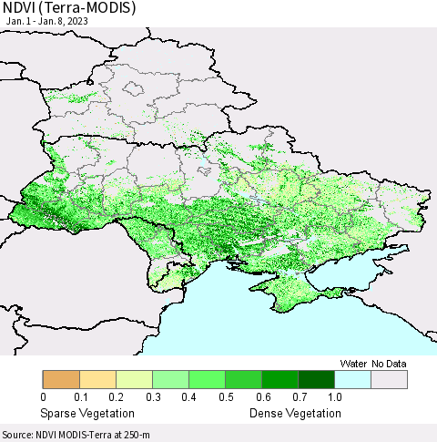 Ukraine, Moldova and Belarus NDVI (Terra-MODIS) Thematic Map For 1/1/2023 - 1/8/2023