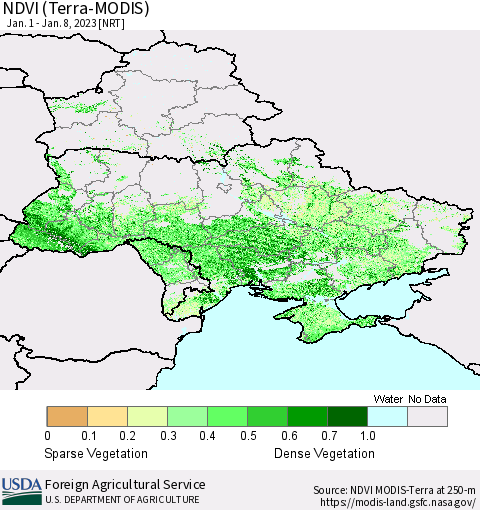Ukraine, Moldova and Belarus NDVI (Terra-MODIS) Thematic Map For 1/1/2023 - 1/10/2023